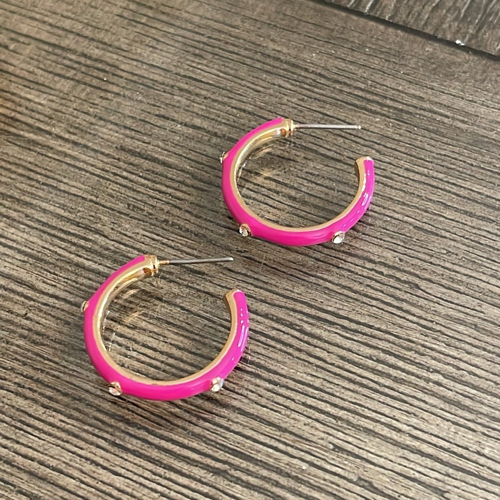 Boutique Style Hot Pink - Fuchsia Enamel Hoops with Rhinestone Accents. - Picture 10 of 16